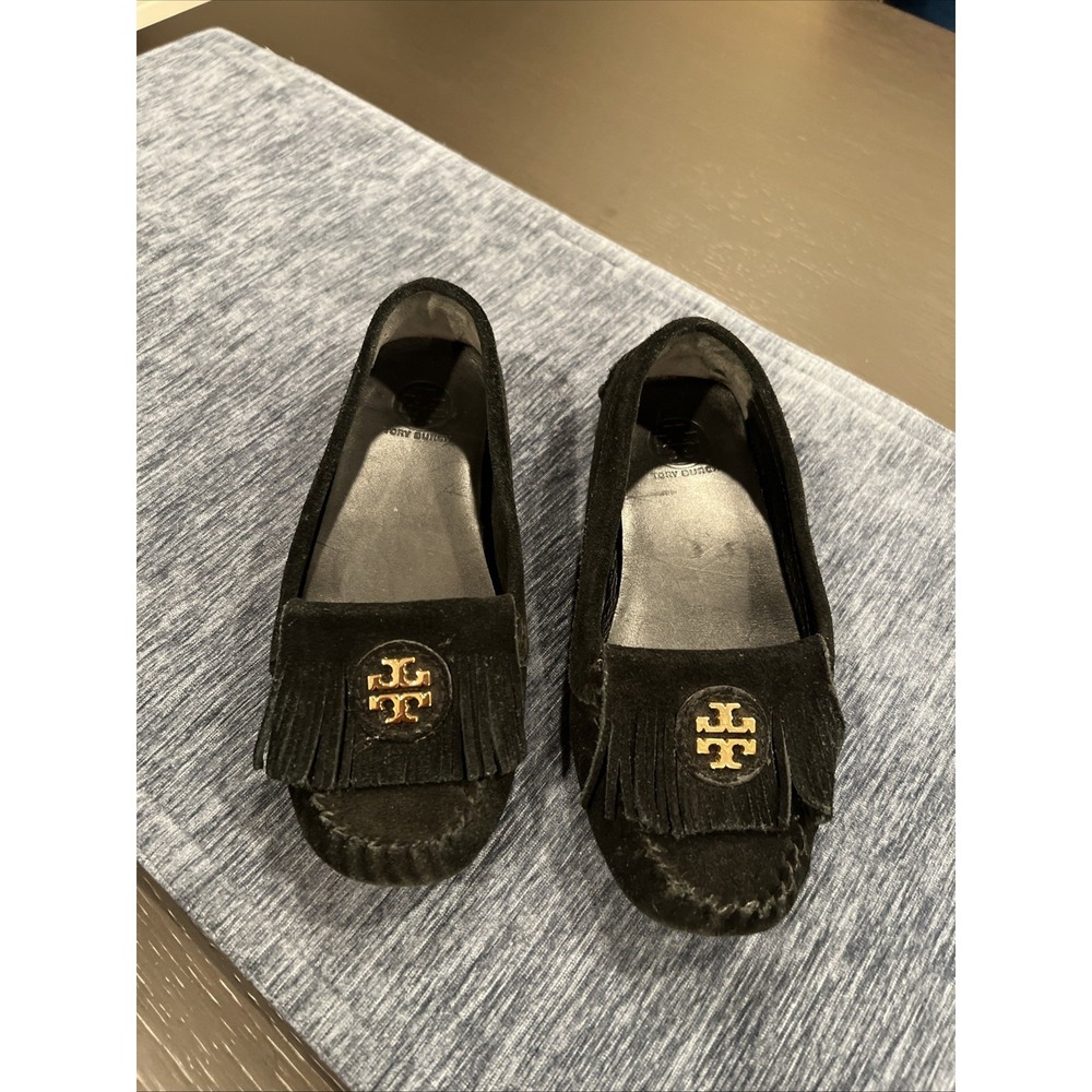 Tory Burch Women's Black Suede With Fri Driver Loafer Flats Gold T Logo - Sz 5M
